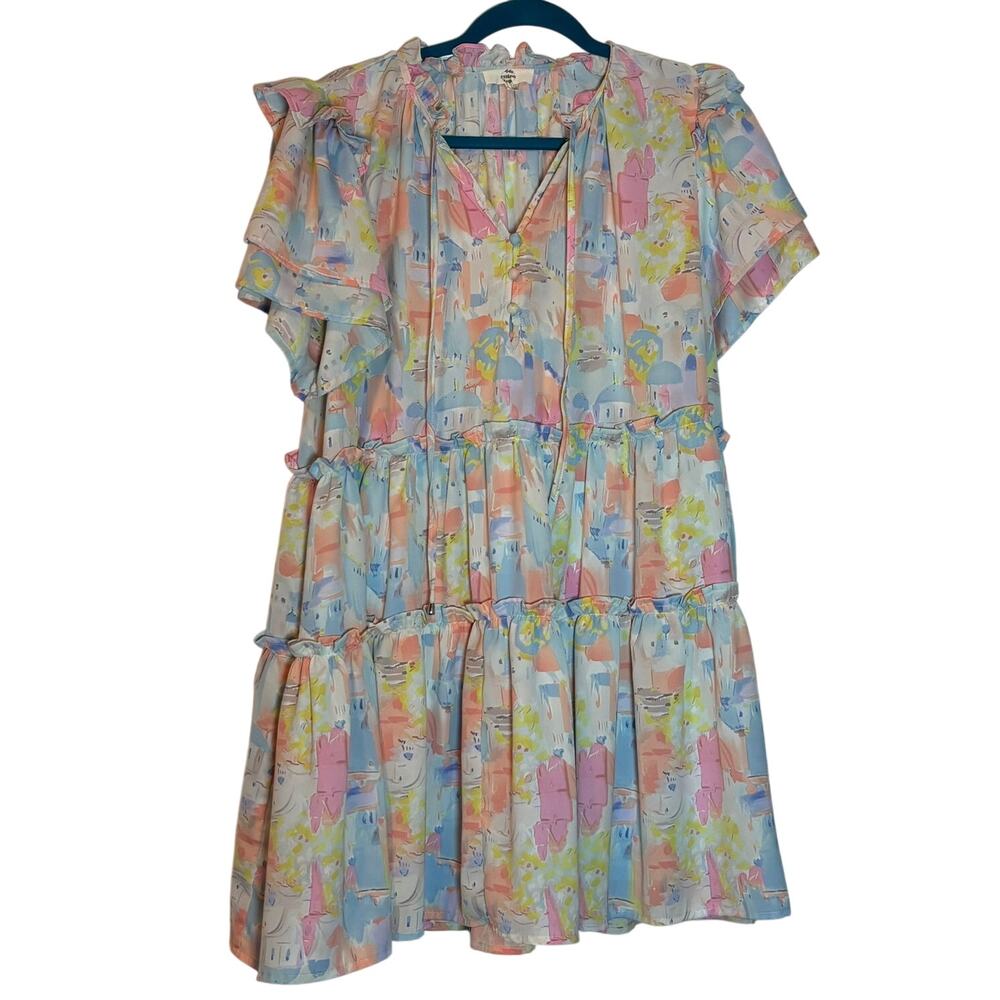 Entro Pastel Santorini Print Tiered Mini Dress Flutter Sleeve Size L Boho